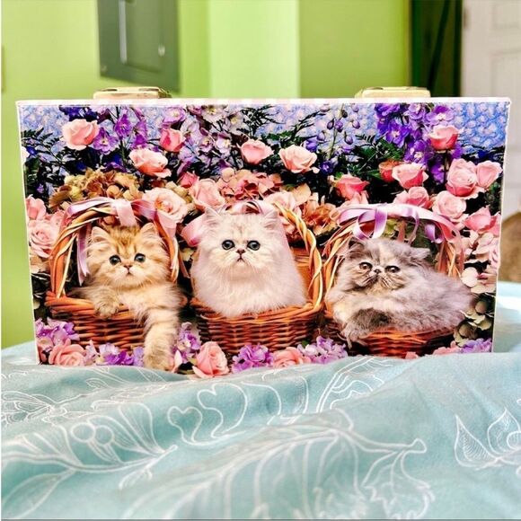 Vintage Kittens In Baskets Cute Storage Organization Floral Mirror Box Art - Picture 2 of 12